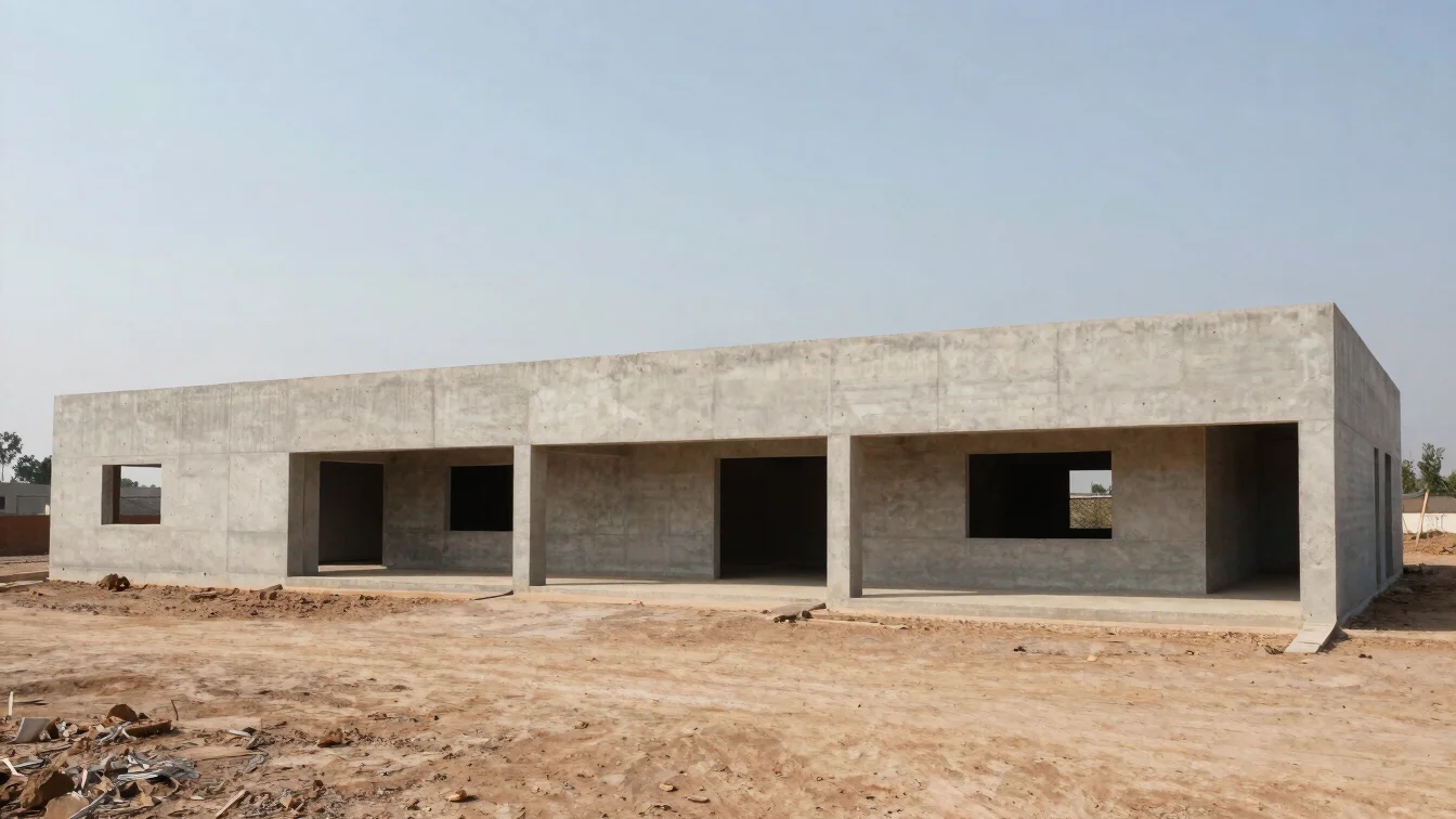 Wide architectural photograph of a completed low-rise building in natural daylight, clean geometric lines, honest concre