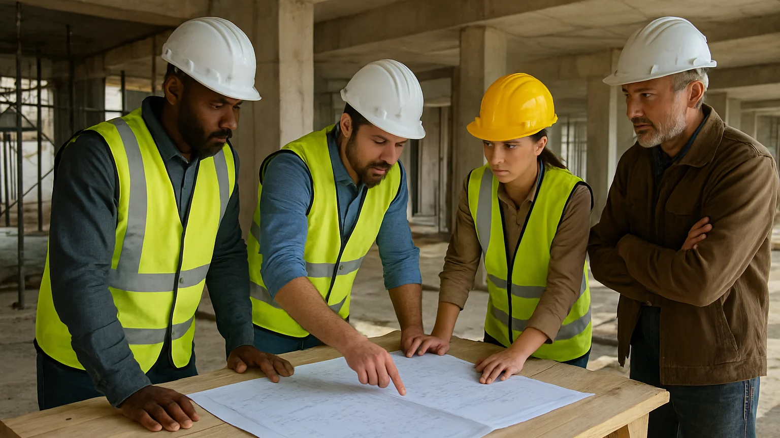 Candid documentary photograph of a site team carrying out real construction work with plans on a table, natural daylight