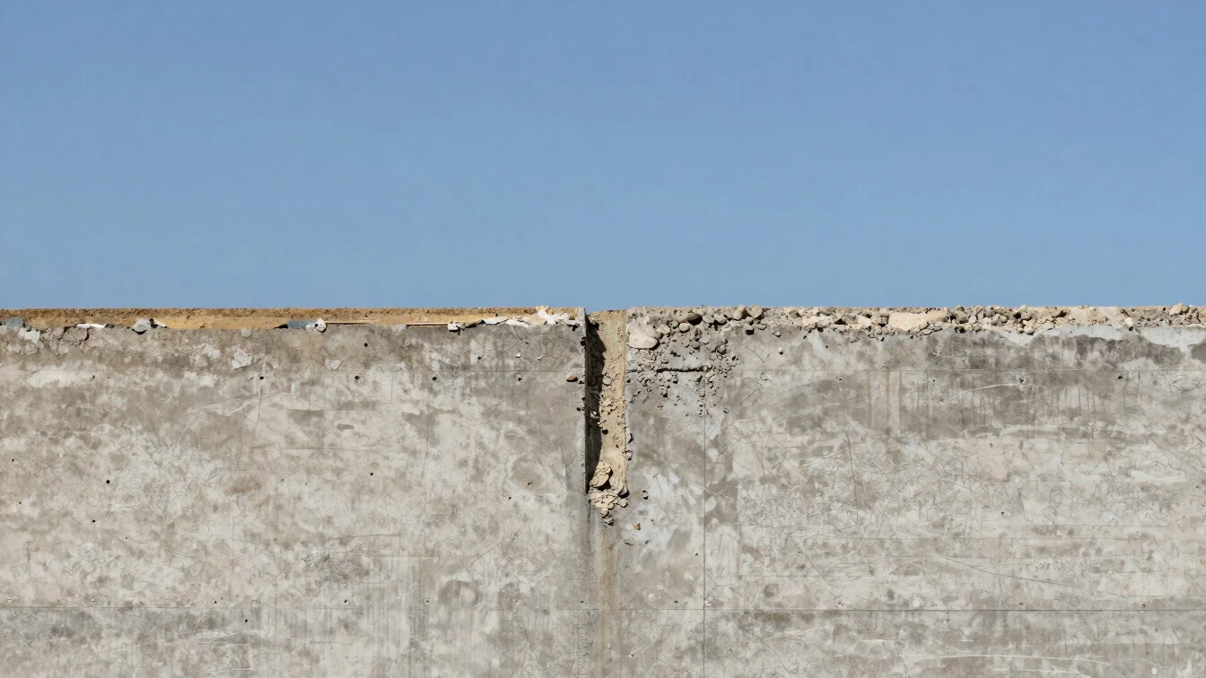 Close architectural detail photograph of a construction joint and formwork texture in clear daylight, 35mm lens