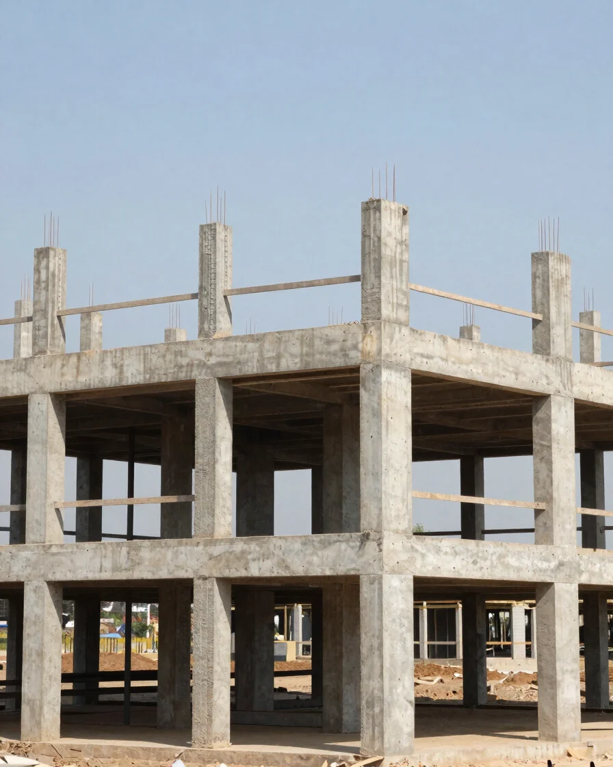 Architectural documentary photograph of a concrete building frame under construction, natural daylight, clear structural