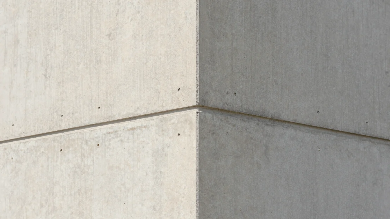 Close architectural detail photograph of a structural joint and finished concrete surface on a building, clear natural d