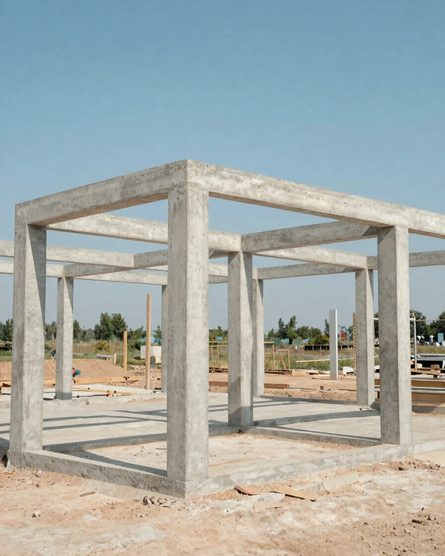 Architectural documentary photograph of a concrete structural frame under construction in clear natural daylight, crisp