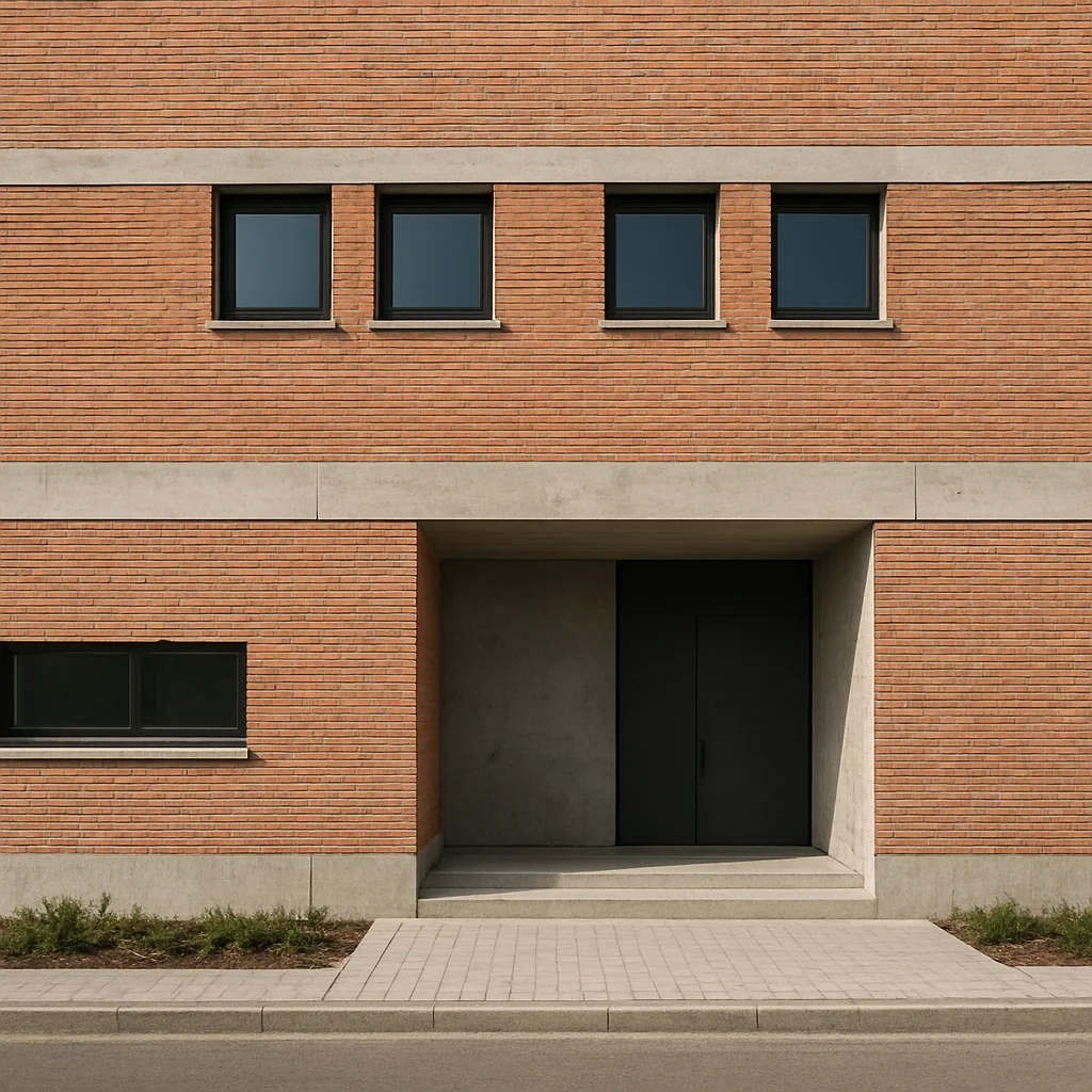 Architectural documentary photograph of a completed building facade in clear natural daylight, honest material texture o