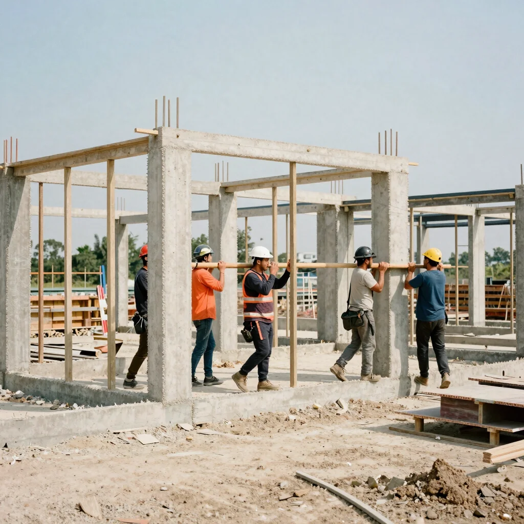Candid documentary photograph of a site team carrying out real construction work on a building frame, natural daylight,