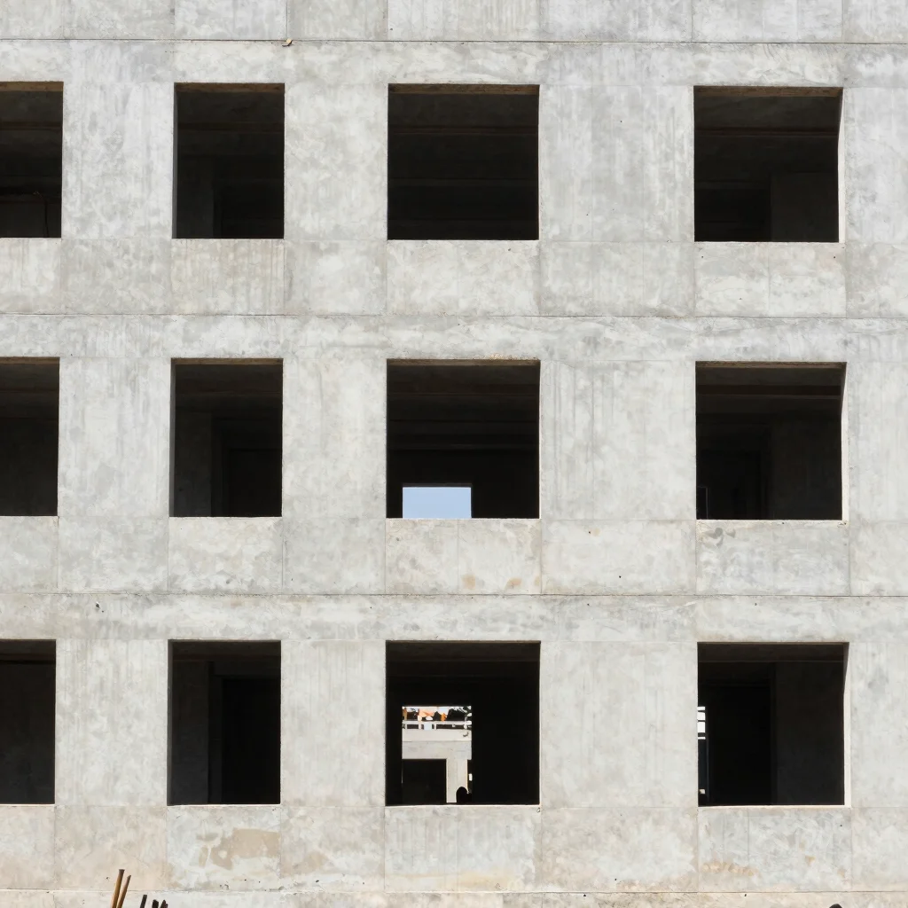 Architectural documentary photograph of a building envelope being completed, window openings and wall panels in progress