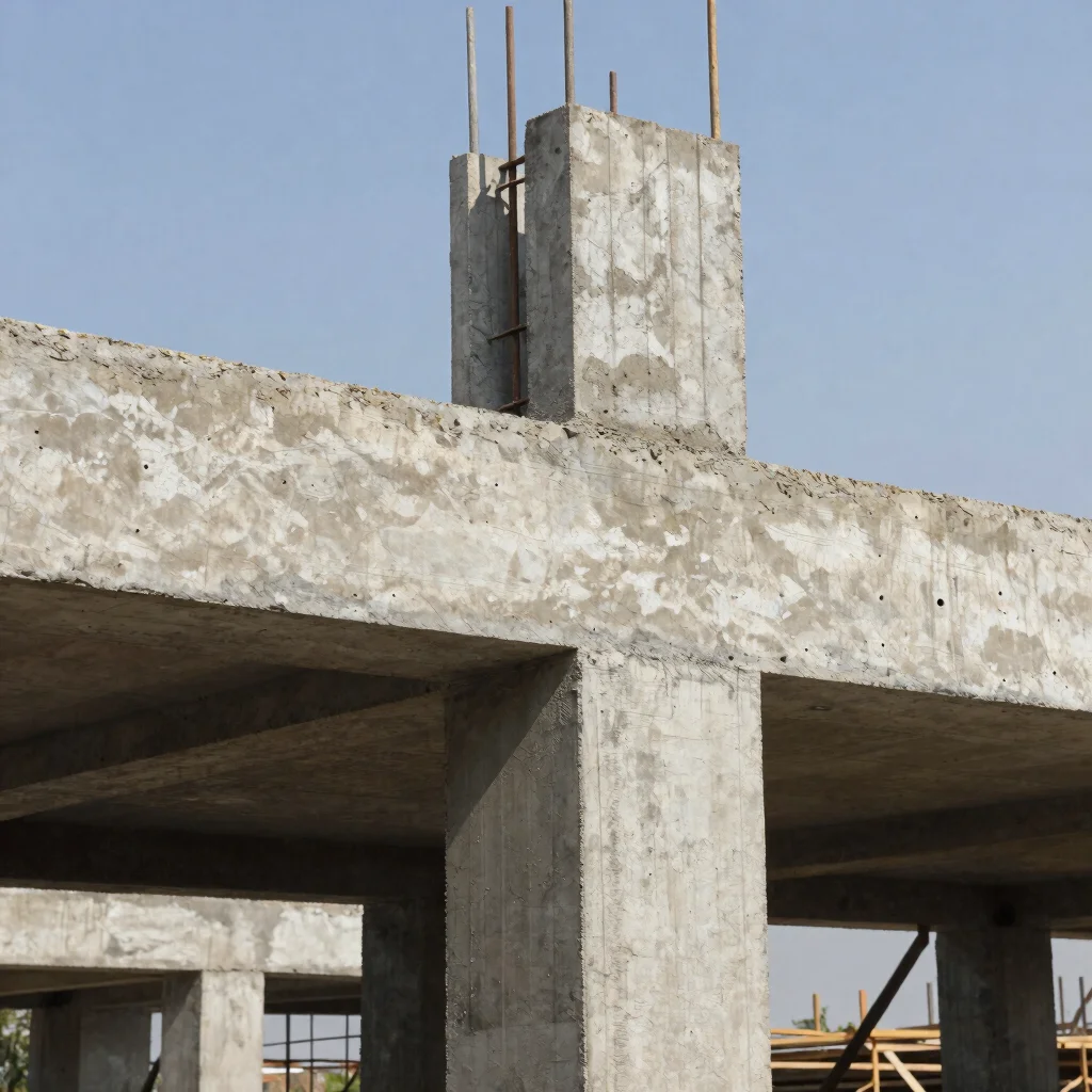 Close architectural detail photograph of formwork and fresh concrete finish on a structural element, clear natural dayli