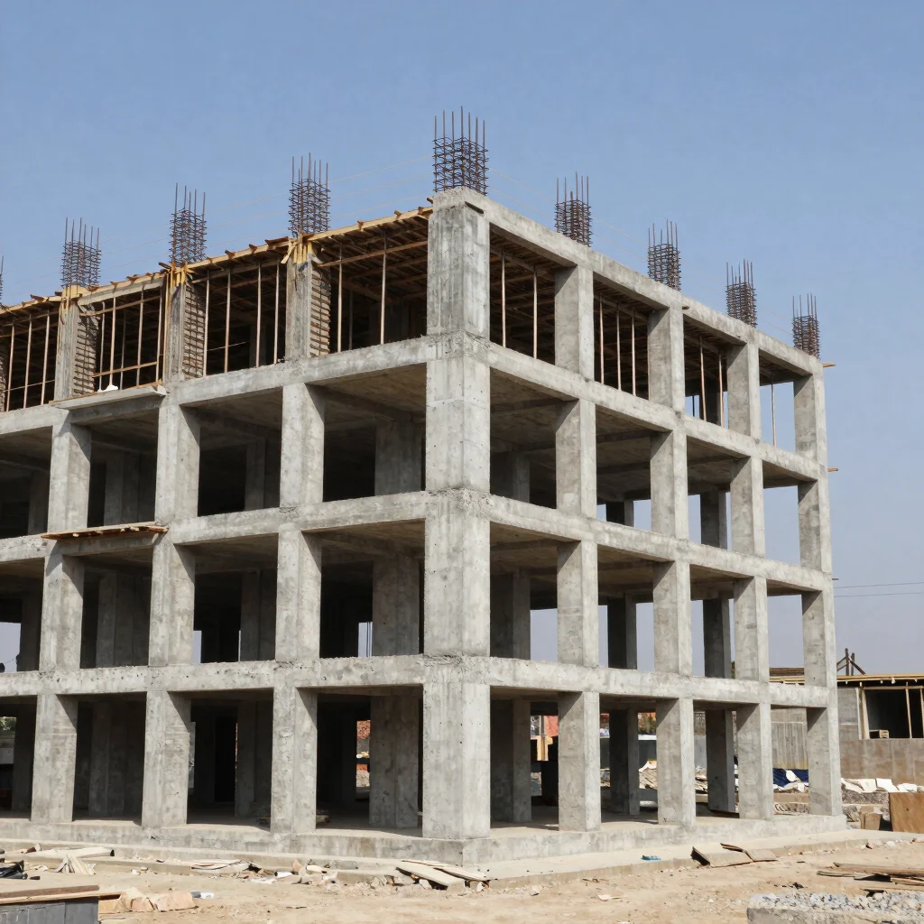 Architectural documentary photograph in clear natural daylight of a reinforced concrete frame building under constructio